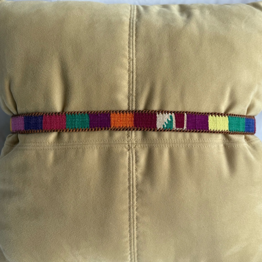 EUC Vintage Size L Multi Color Woven Boho Belt, Leather Accents & Edge Stitching